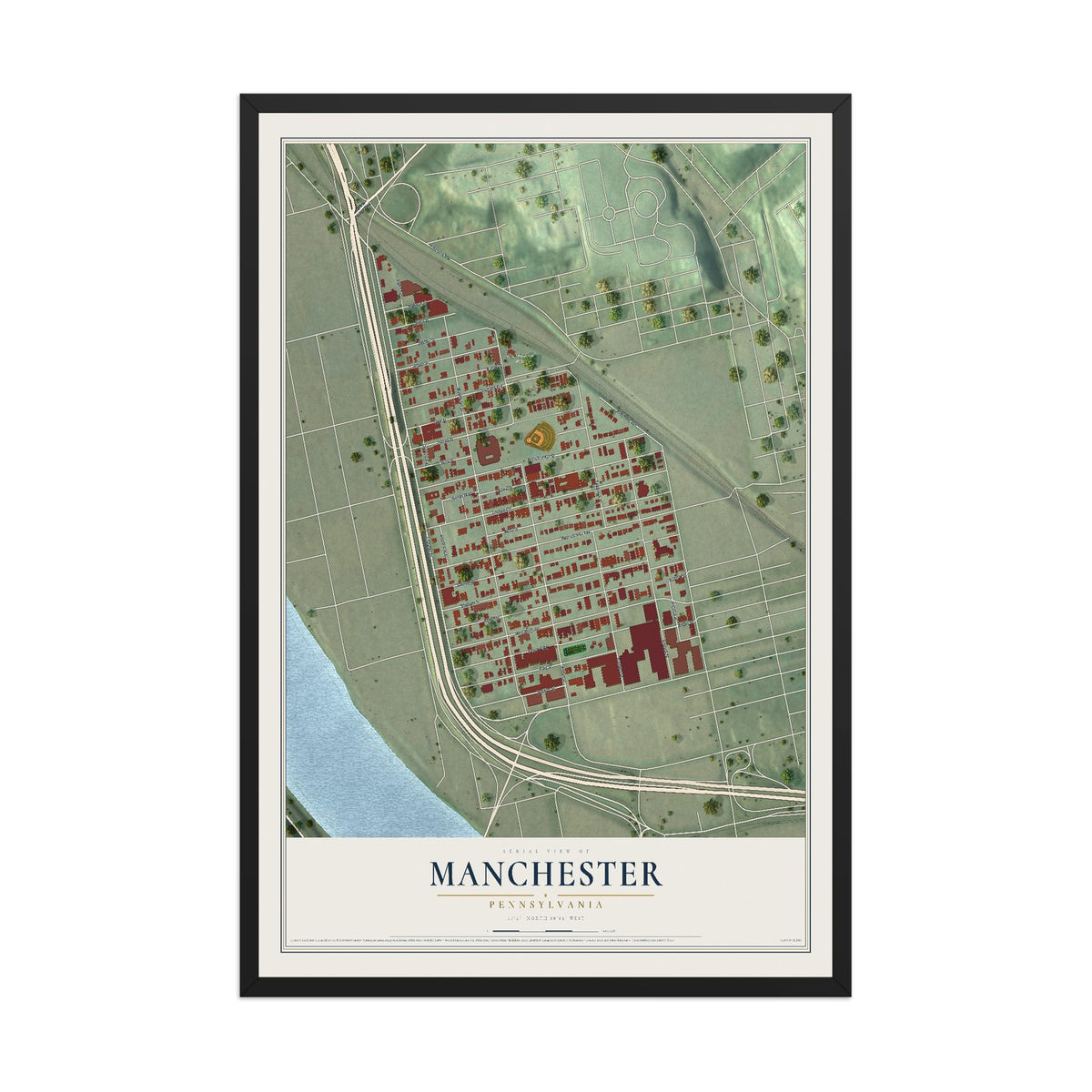 Map of Manchester, Pennsylvania, 12 x 18 inch print in a black wood frame