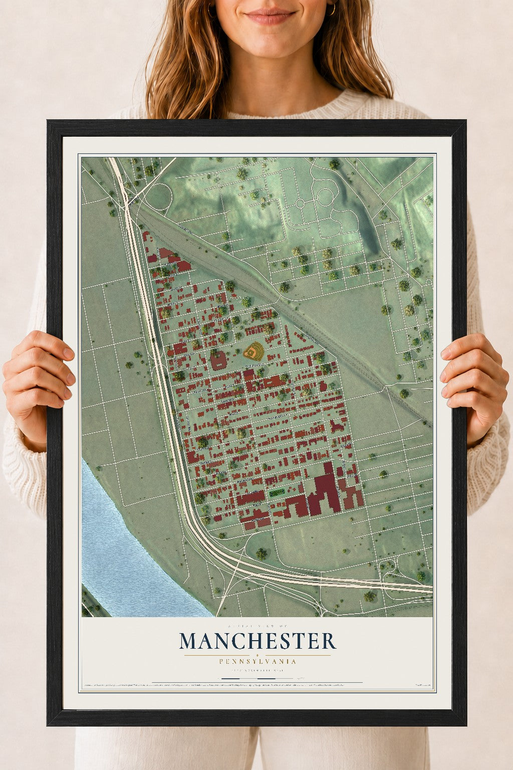 Map of Manchester, Pennsylvania, 18 x 24 inch print in a black wood frame