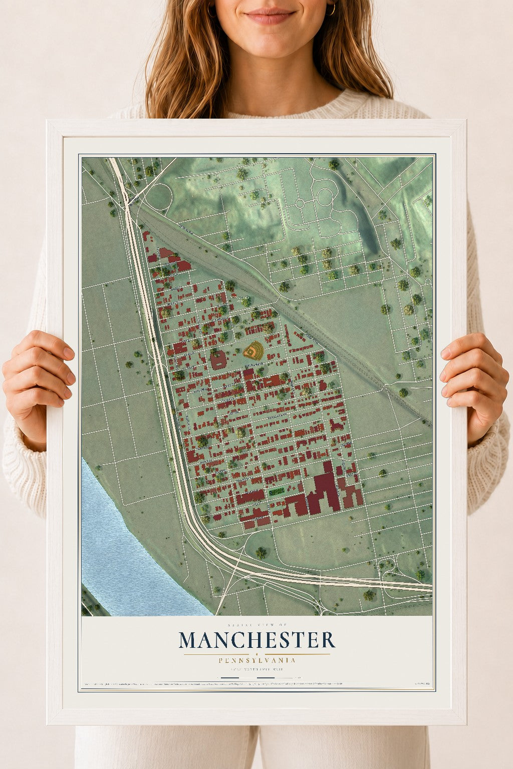 Map of Manchester, Pennsylvania, 18 x 24 inch print in a white wood frame