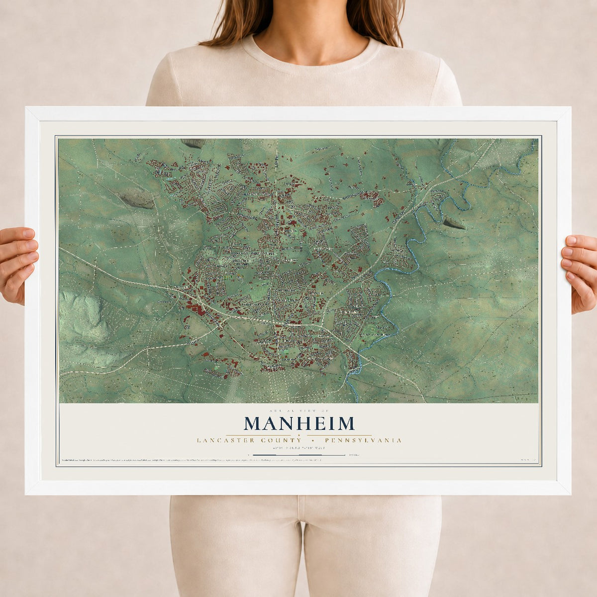 Map of Manheim, Lancaster County, Pennsylvania, 18 x 24 inch print in a white wood frame