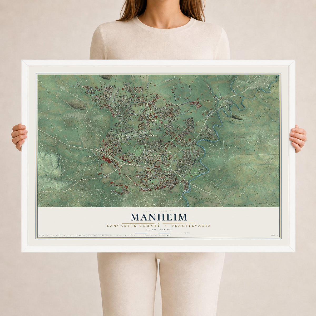 Map of Manheim, Lancaster County, Pennsylvania, 24 x 36 inch print in a white wood frame