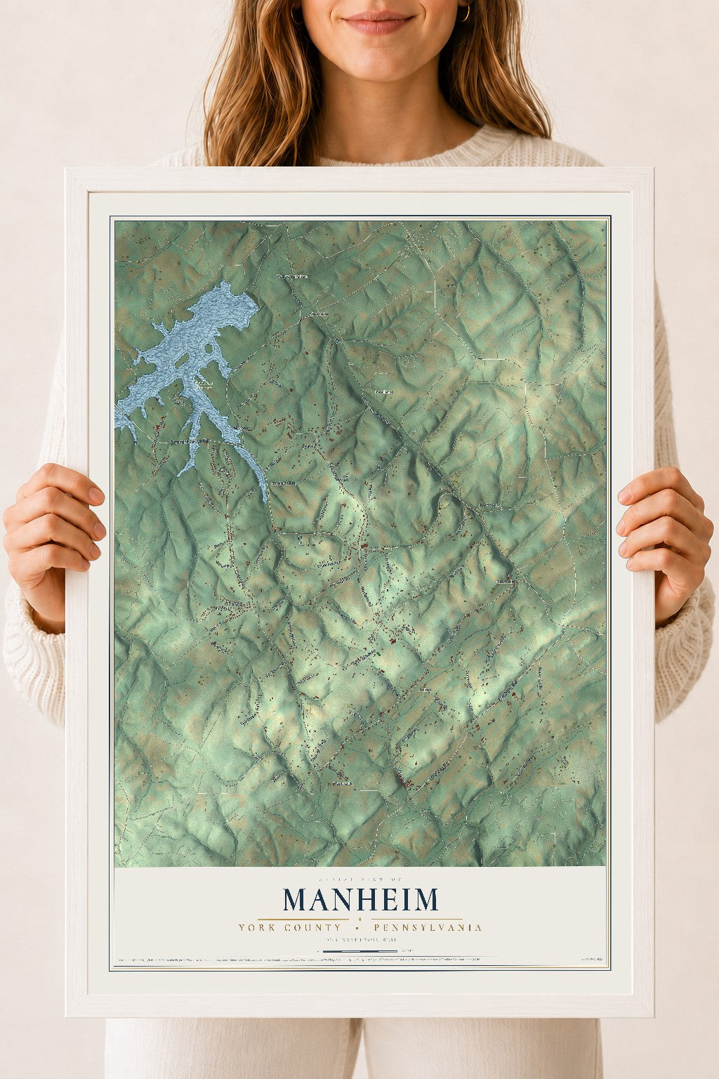 Map of Manheim, York County, Pennsylvania, 18 x 24 inch print in a white wood frame