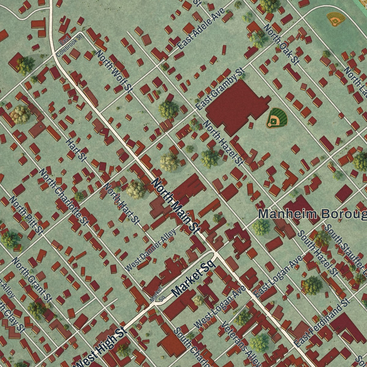 Close-up of the map of the Borough of Manheim, Lancaster County, Pennsylvania print showing street and building detail