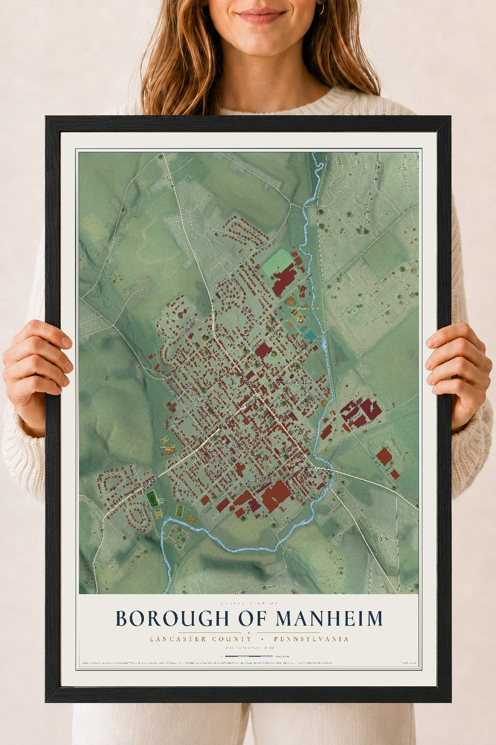 Map of the Borough of Manheim, Lancaster County, Pennsylvania, 18 x 24 inch print in a black wood frame
