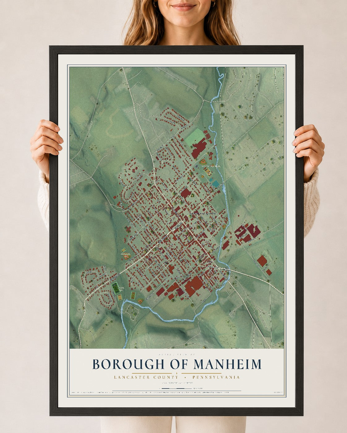 Map of the Borough of Manheim, Lancaster County, Pennsylvania, 24 x 36 inch print in a black wood frame