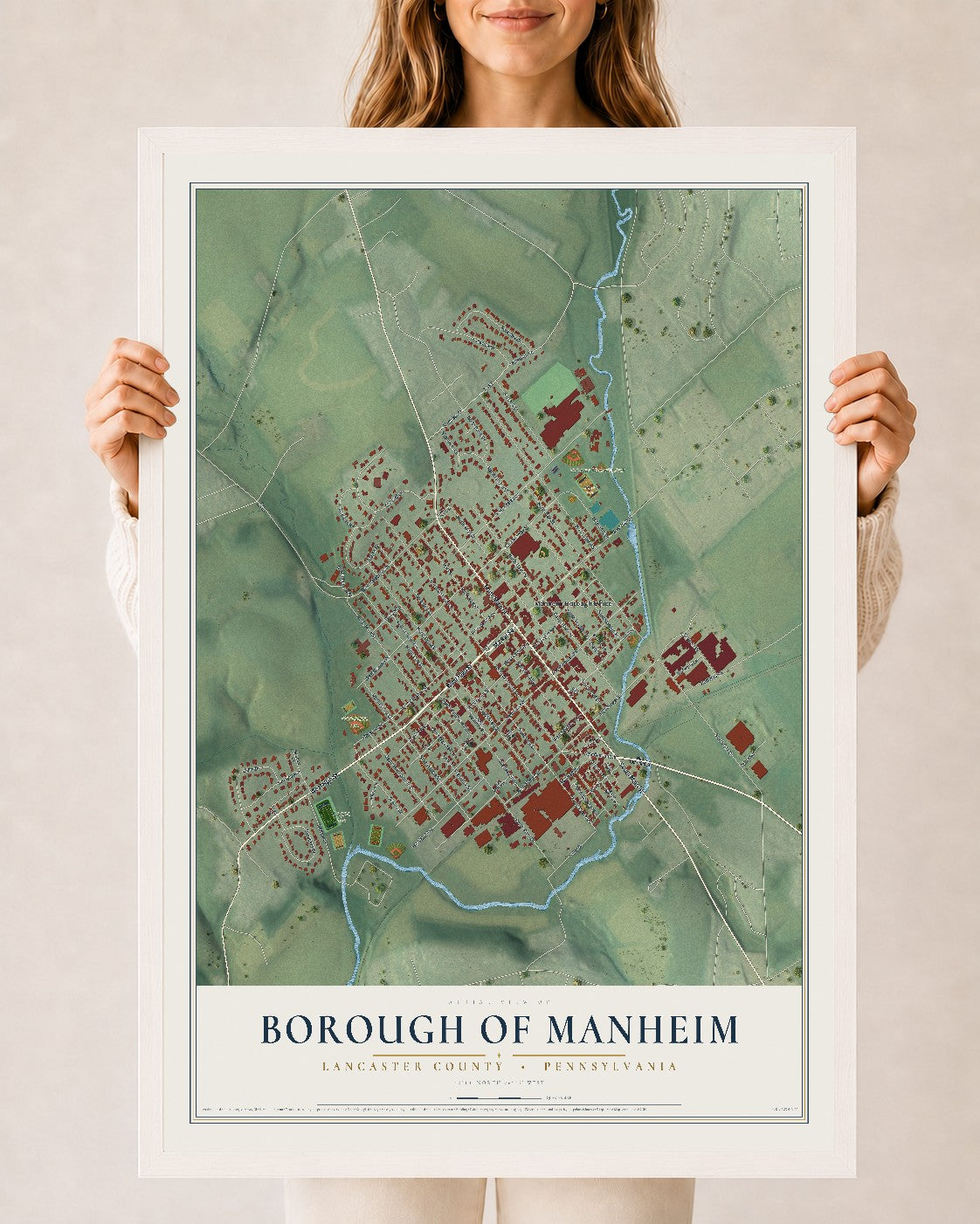 Map of the Borough of Manheim, Lancaster County, Pennsylvania, 24 x 36 inch print in a white wood frame