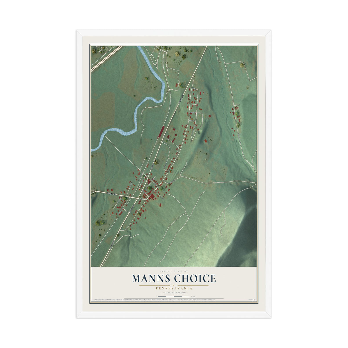 Map of Manns Choice, Pennsylvania, 12 x 18 inch print in a white wood frame