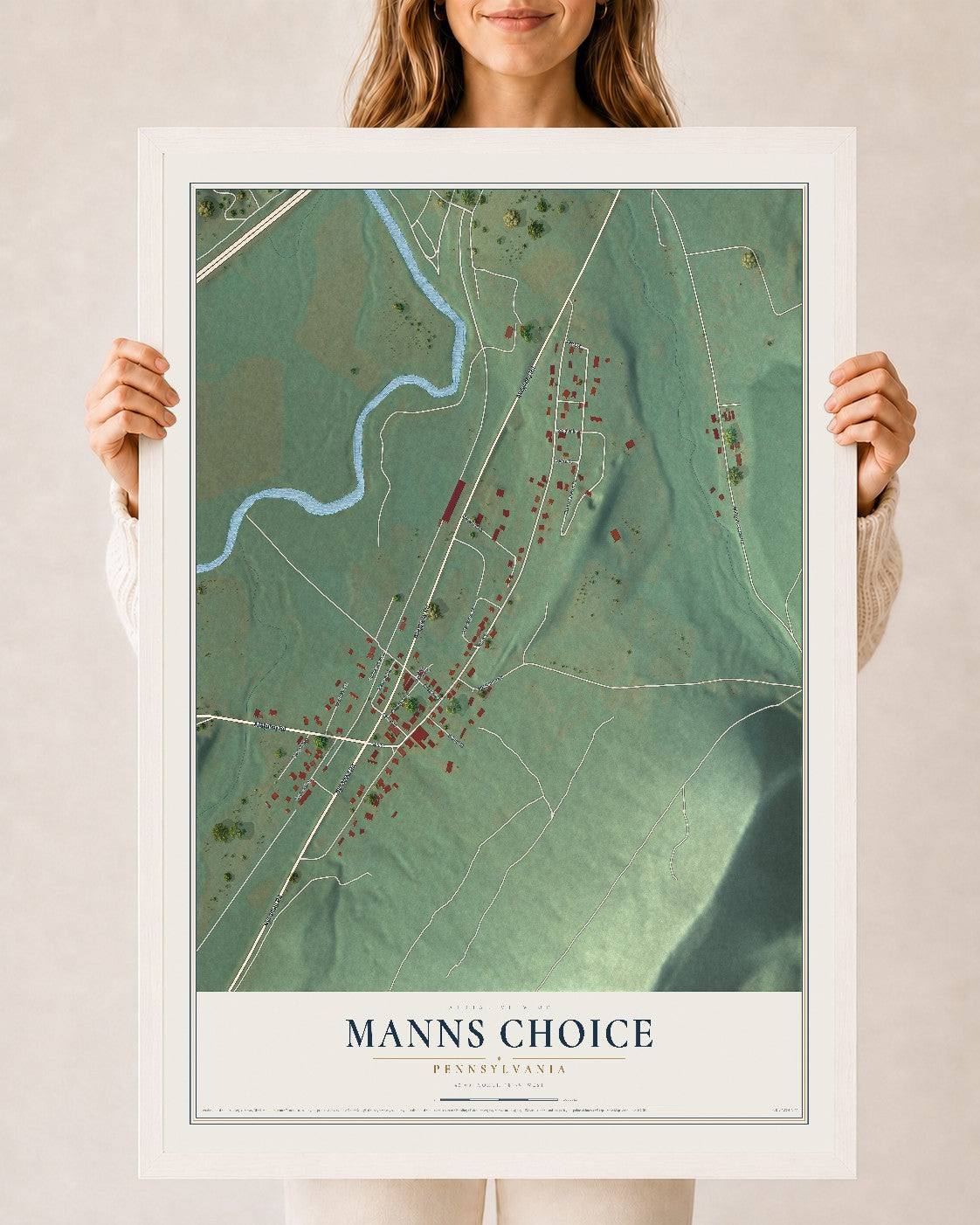Map of Manns Choice, Pennsylvania, 24 x 36 inch print in a white wood frame