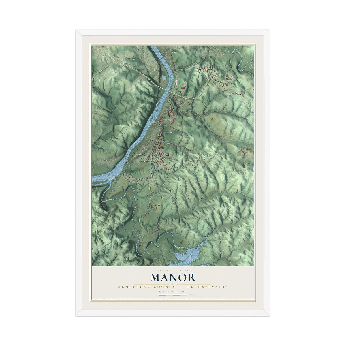 Map of Manor, Armstrong County, Pennsylvania, 12 x 18 inch print in a white wood frame