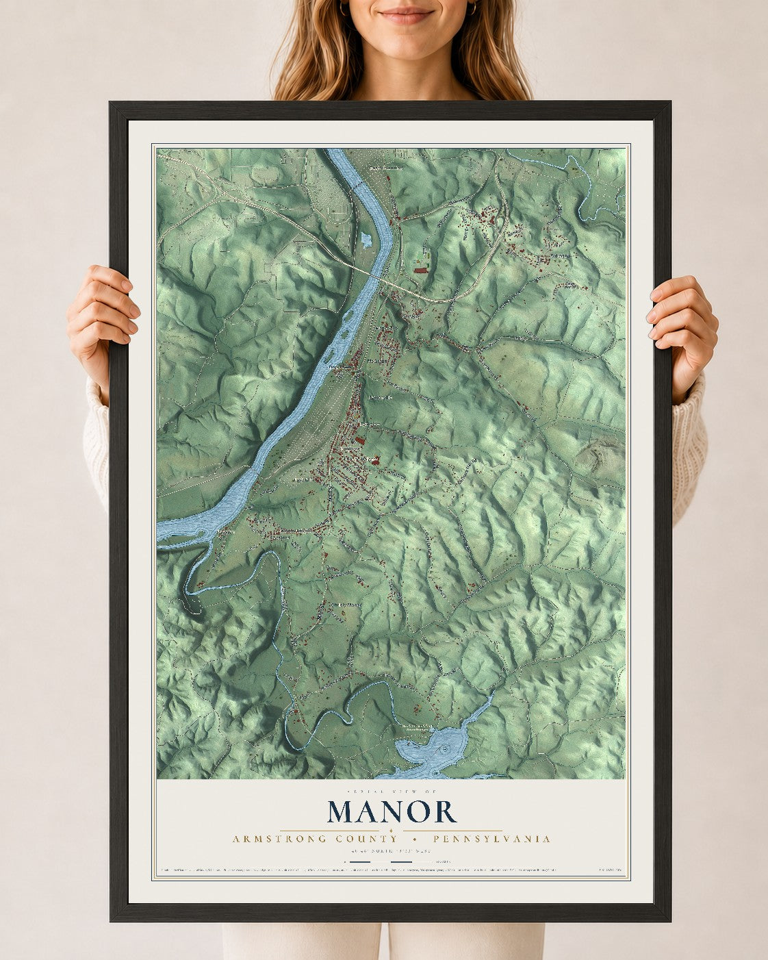 Map of Manor, Armstrong County, Pennsylvania, 24 x 36 inch print in a black wood frame