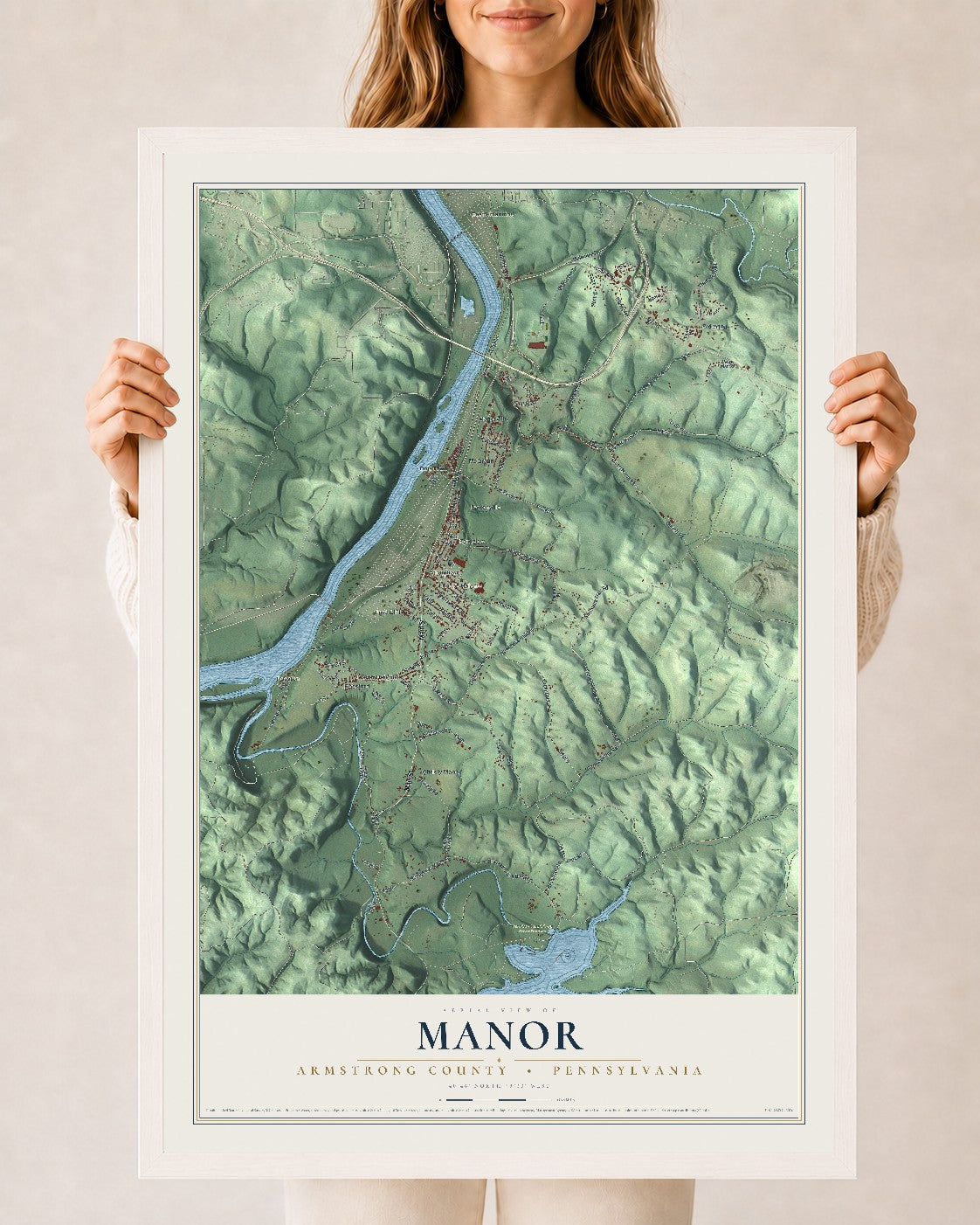Map of Manor, Armstrong County, Pennsylvania, 24 x 36 inch print in a white wood frame