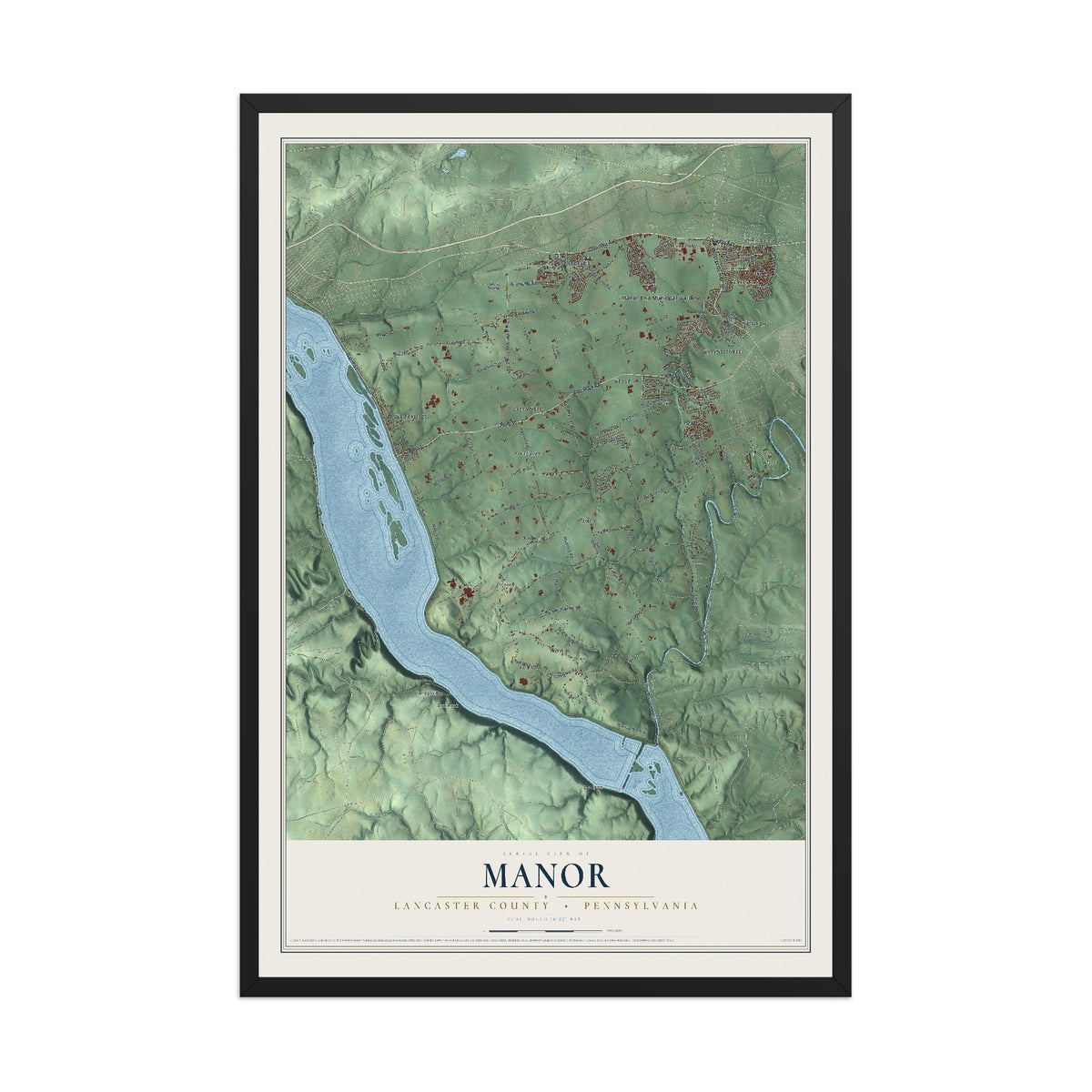 Map of Manor, Lancaster County, Pennsylvania, 12 x 18 inch print in a black wood frame