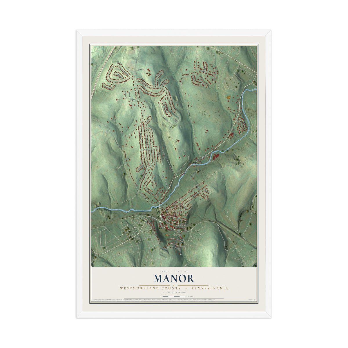 Map of Manor, Westmoreland County, Pennsylvania, 12 x 18 inch print in a white wood frame