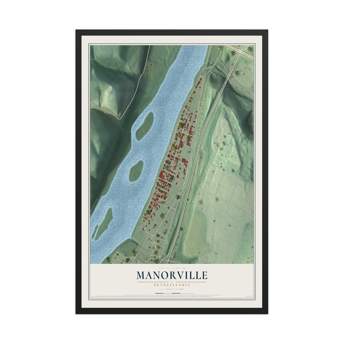 Map of Manorville, Pennsylvania, 12 x 18 inch print in a black wood frame