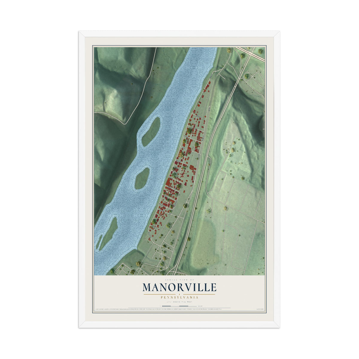 Map of Manorville, Pennsylvania, 12 x 18 inch print in a white wood frame