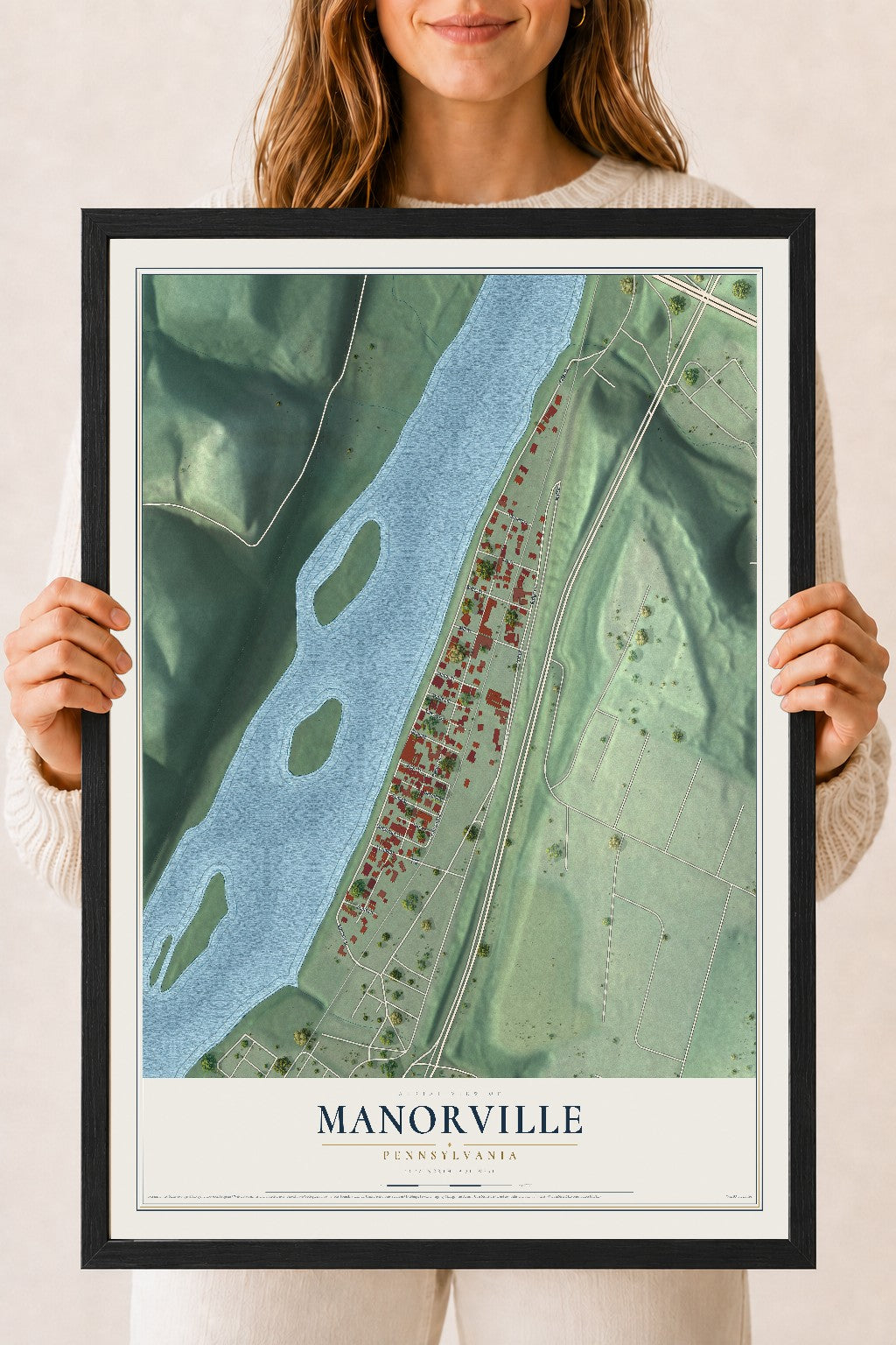 Map of Manorville, Pennsylvania, 18 x 24 inch print in a black wood frame