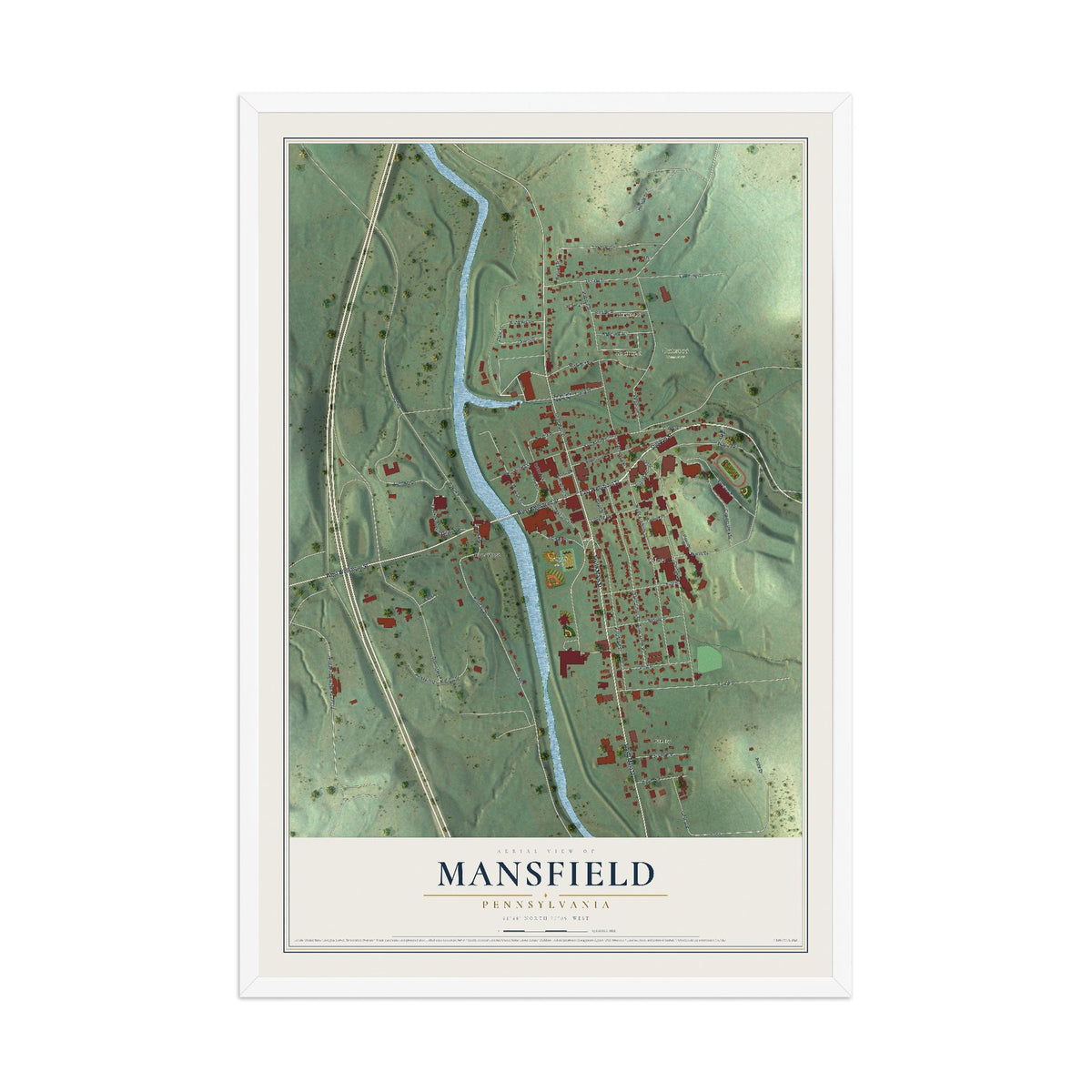Map of Mansfield, Pennsylvania, 12 x 18 inch print in a white wood frame