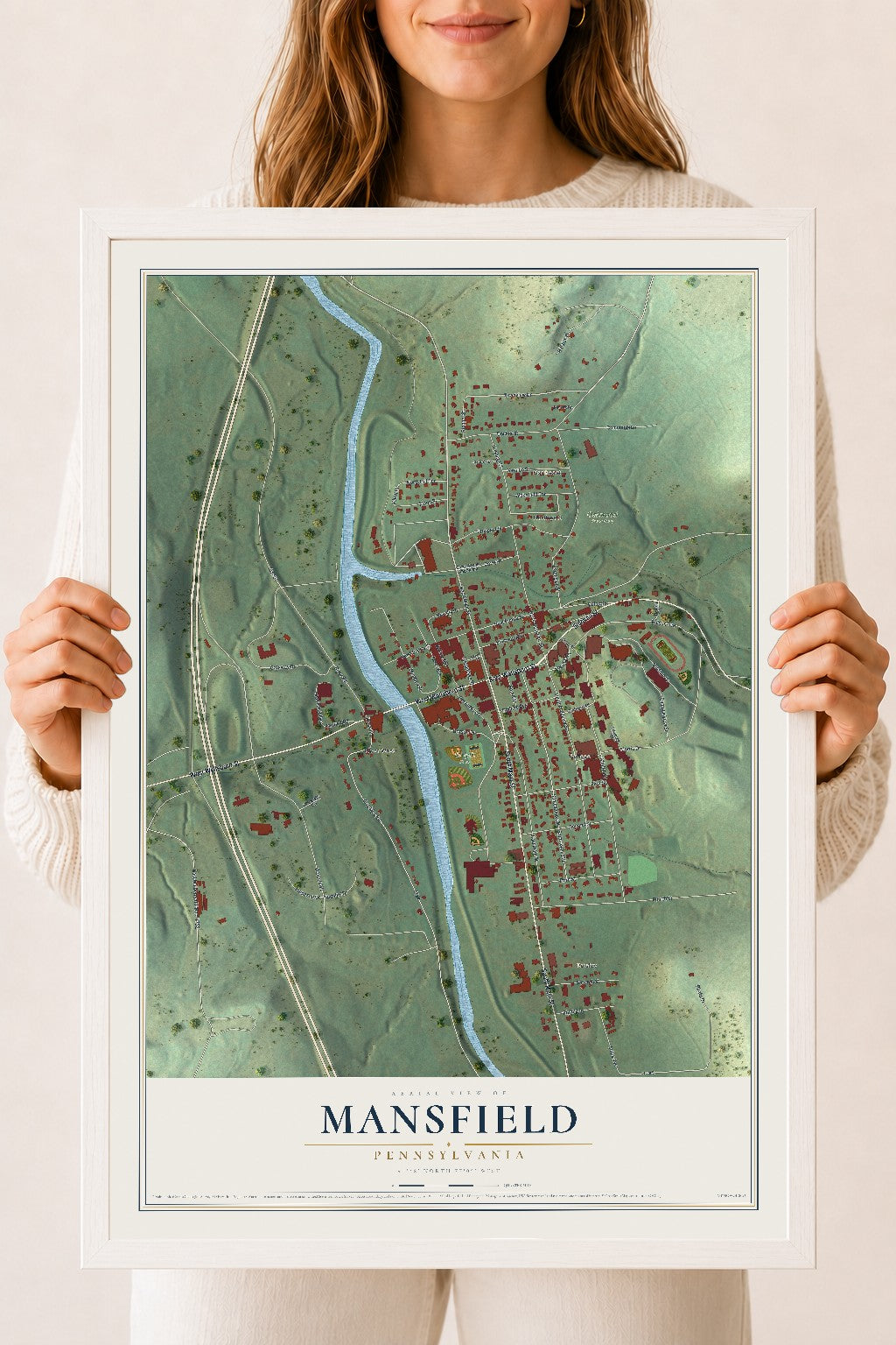 Map of Mansfield, Pennsylvania, 18 x 24 inch print in a white wood frame
