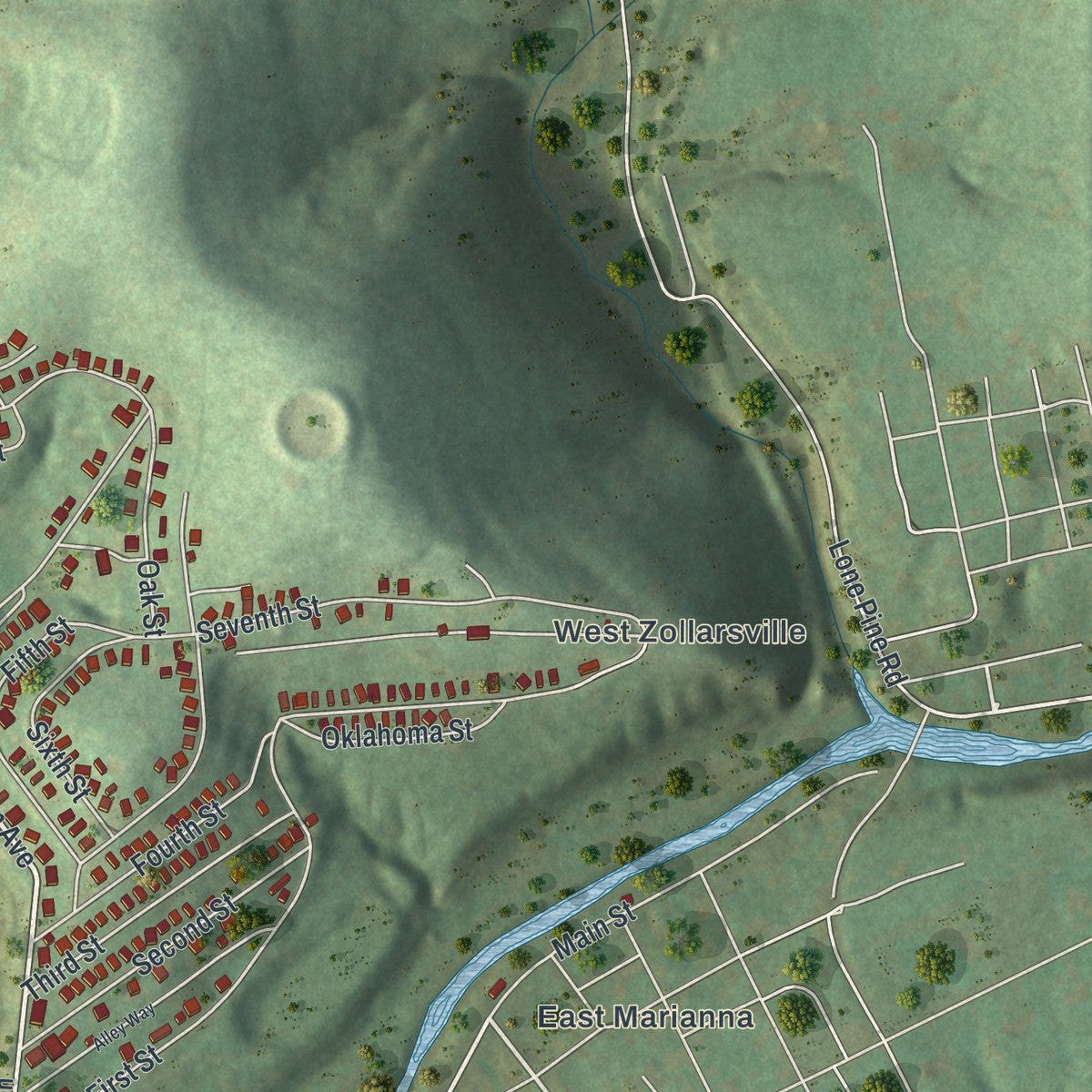 Close-up of the map of Marianna, Pennsylvania print showing street and building detail