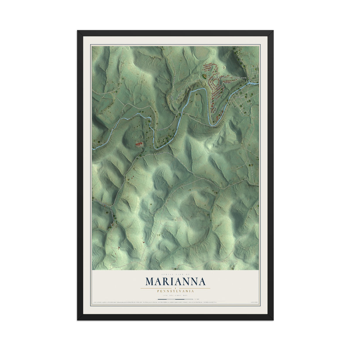 Map of Marianna, Pennsylvania, 12 x 18 inch print in a black wood frame