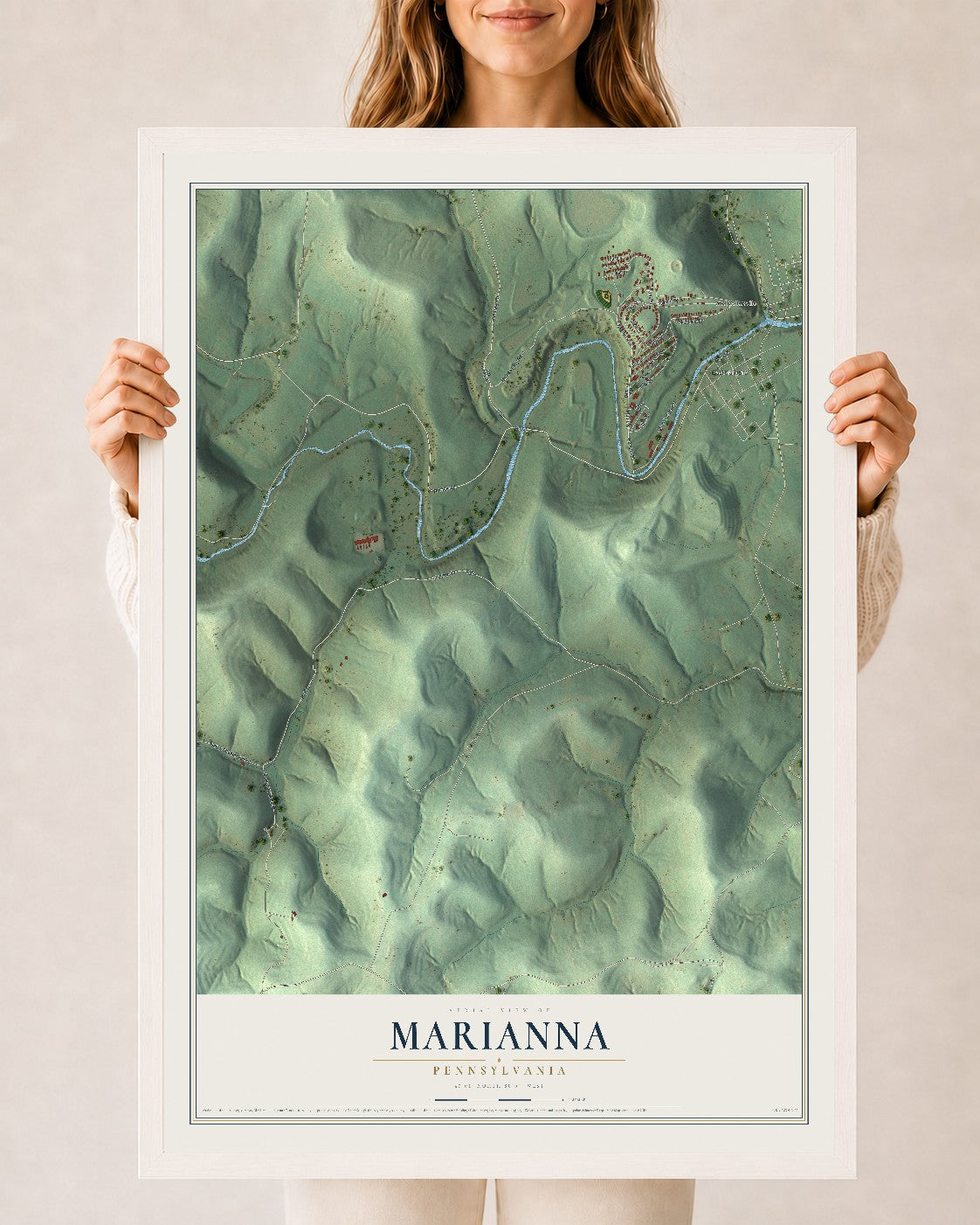 Map of Marianna, Pennsylvania, 24 x 36 inch print in a white wood frame