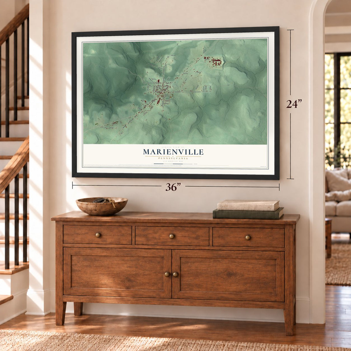 Marienville, Pennsylvania map, 24 x 36 inch print in a black frame above a dresser by a staircase