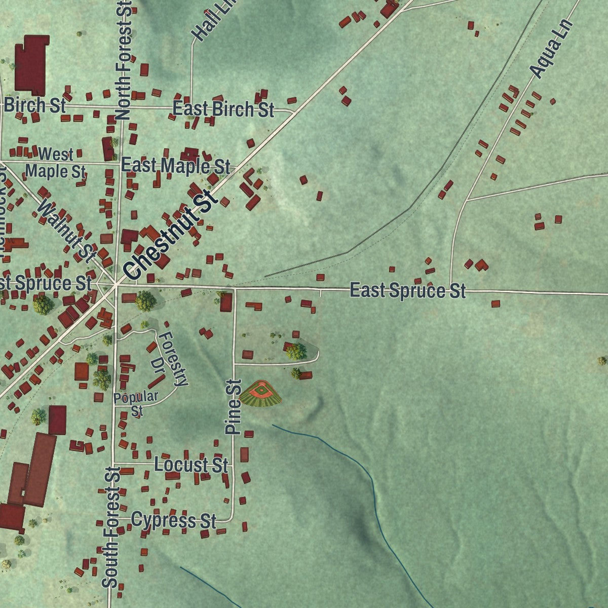 Close-up of the map of Marienville, Pennsylvania print showing street and building detail