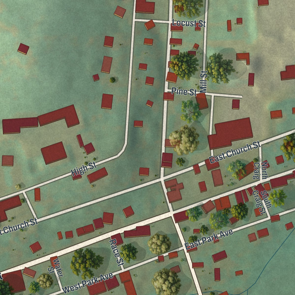 Close-up of the map of Marion Center, Pennsylvania print showing street and building detail