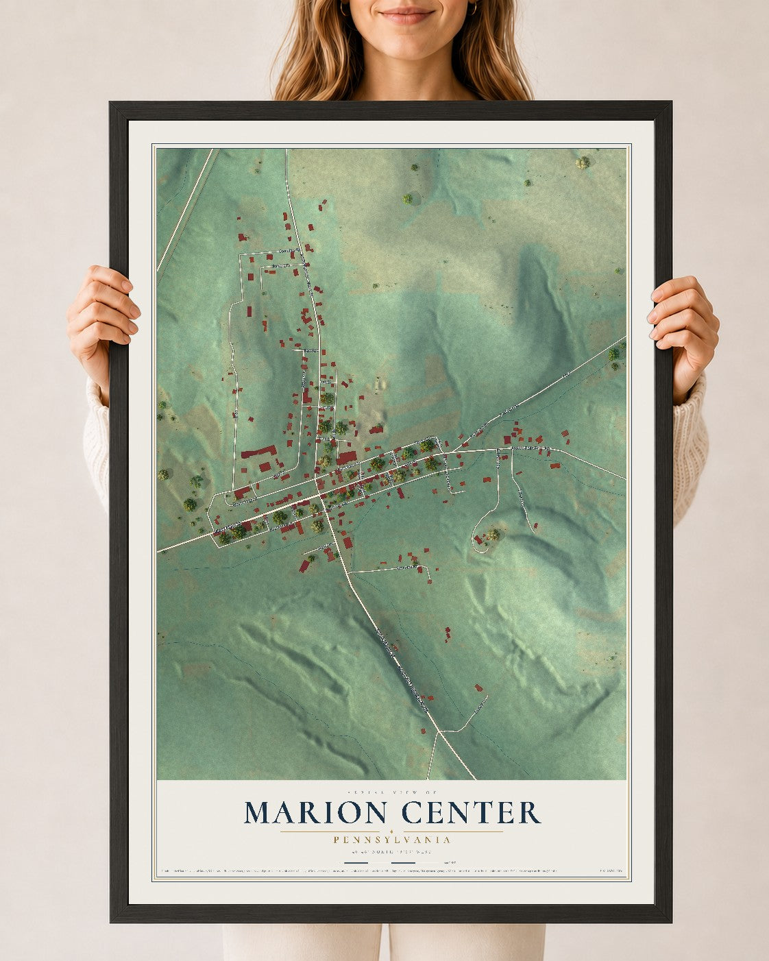 Map of Marion Center, Pennsylvania, 24 x 36 inch print in a black wood frame