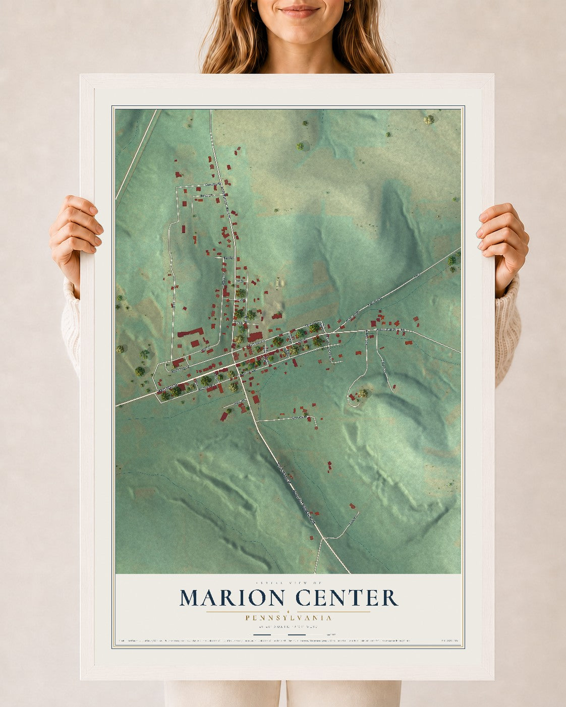 Map of Marion Center, Pennsylvania, 24 x 36 inch print in a white wood frame
