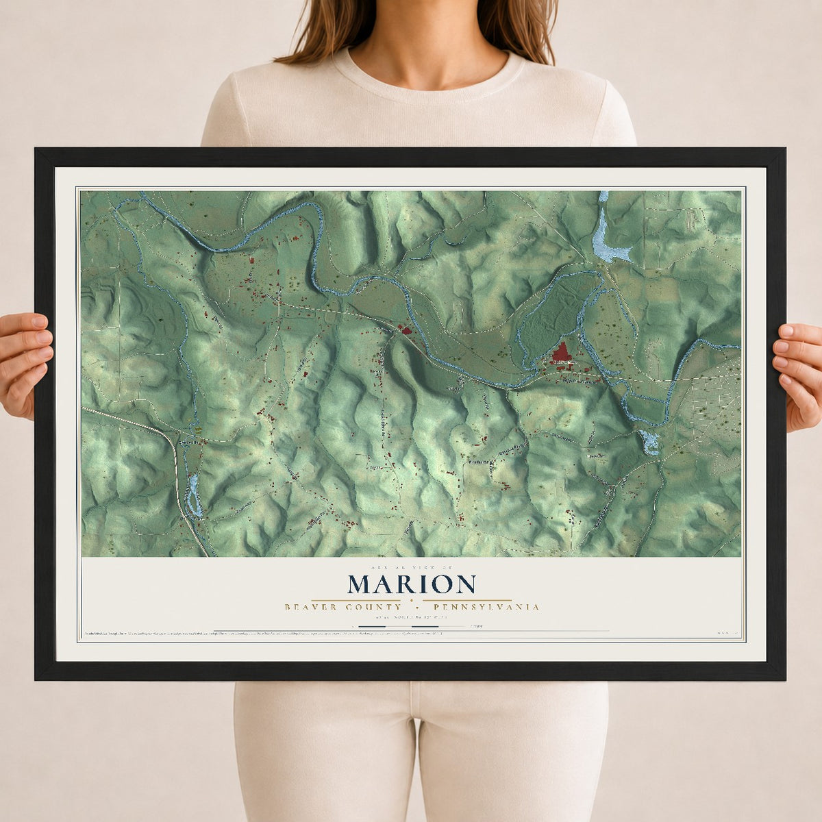 Map of Marion, Beaver County, Pennsylvania, 18 x 24 inch print in a black wood frame