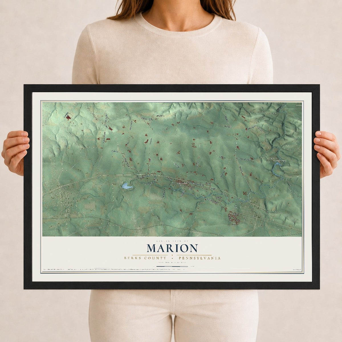 Map of Marion, Berks County, Pennsylvania, 12 x 18 inch print in a black wood frame