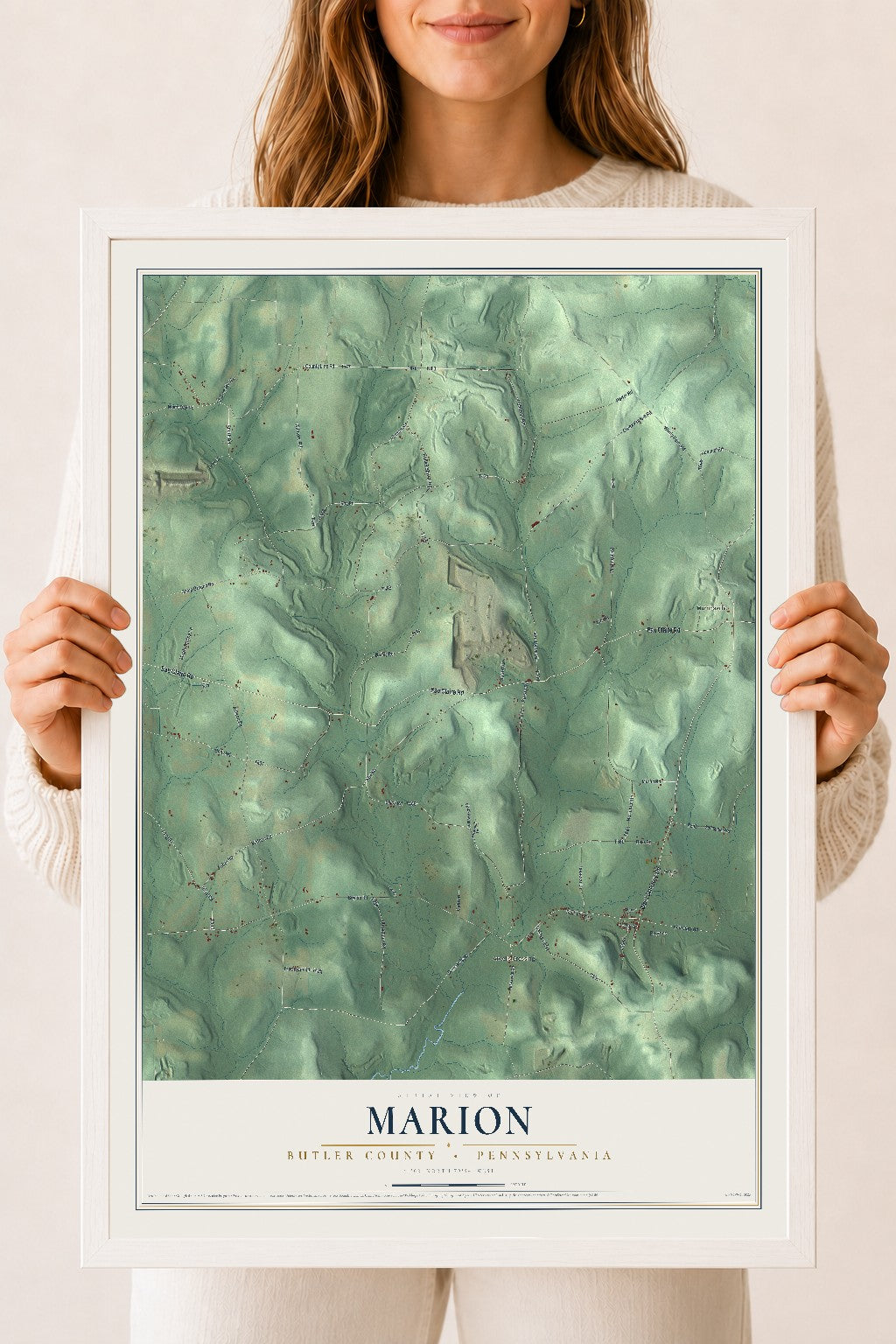 Map of Marion, Butler County, Pennsylvania, 18 x 24 inch print in a white wood frame