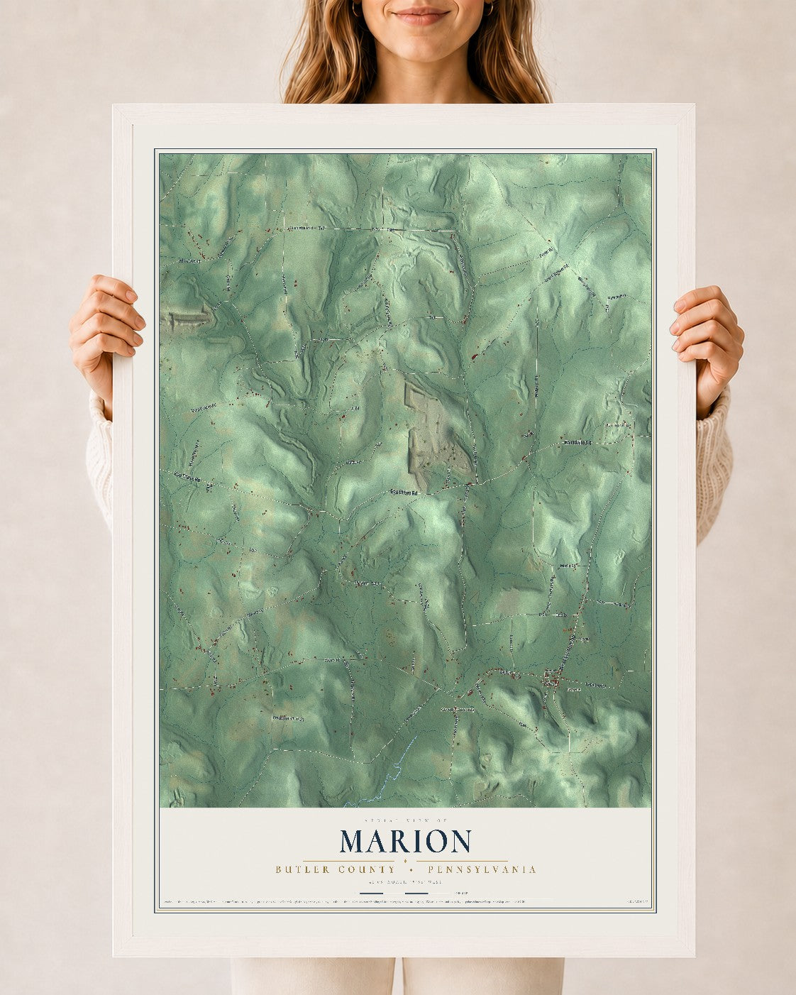 Map of Marion, Butler County, Pennsylvania, 24 x 36 inch print in a white wood frame