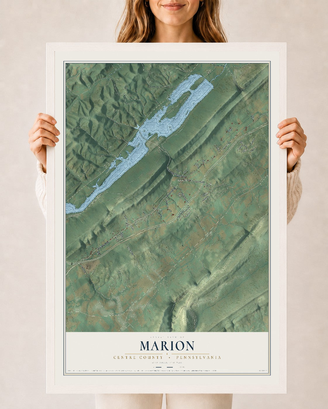 Map of Marion, Centre County, Pennsylvania, 24 x 36 inch print in a white wood frame