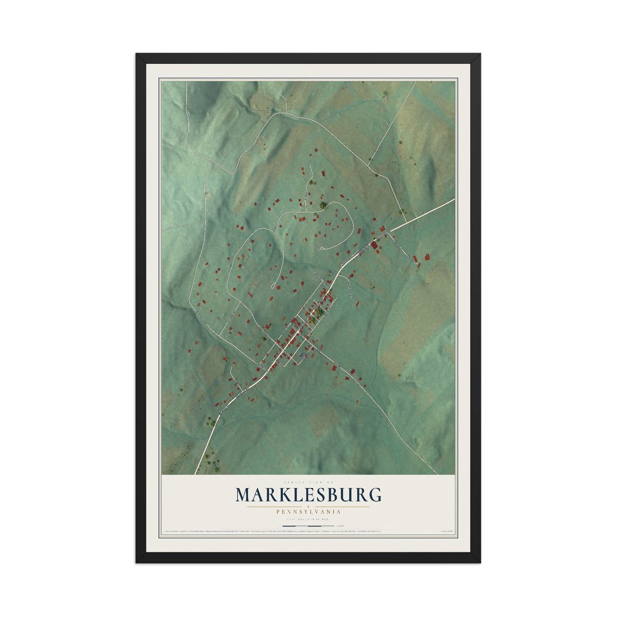 Map of Marklesburg, Pennsylvania, 12 x 18 inch print in a black wood frame