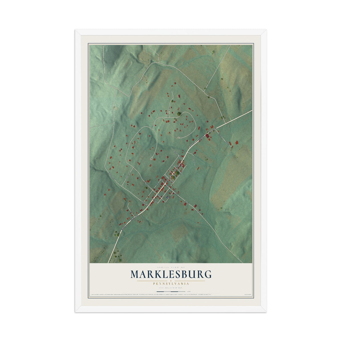 Map of Marklesburg, Pennsylvania, 12 x 18 inch print in a white wood frame