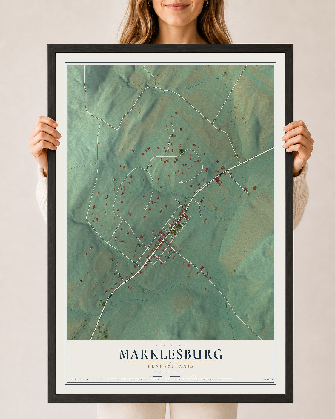Map of Marklesburg, Pennsylvania, 24 x 36 inch print in a black wood frame