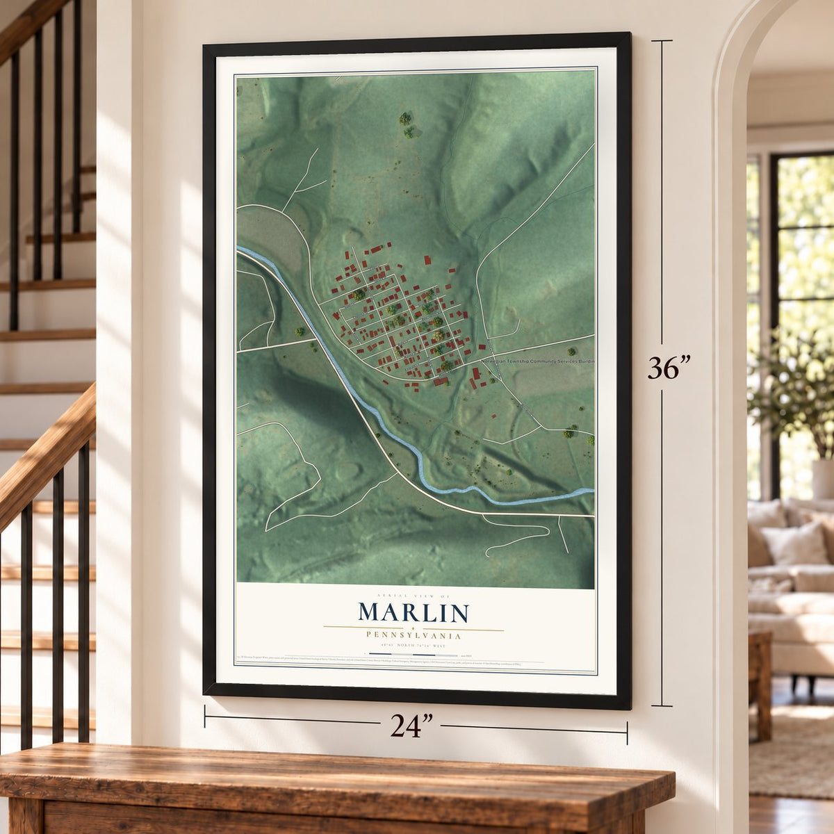 Marlin, Pennsylvania map, 24 x 36 inch print in a black frame by a staircase
