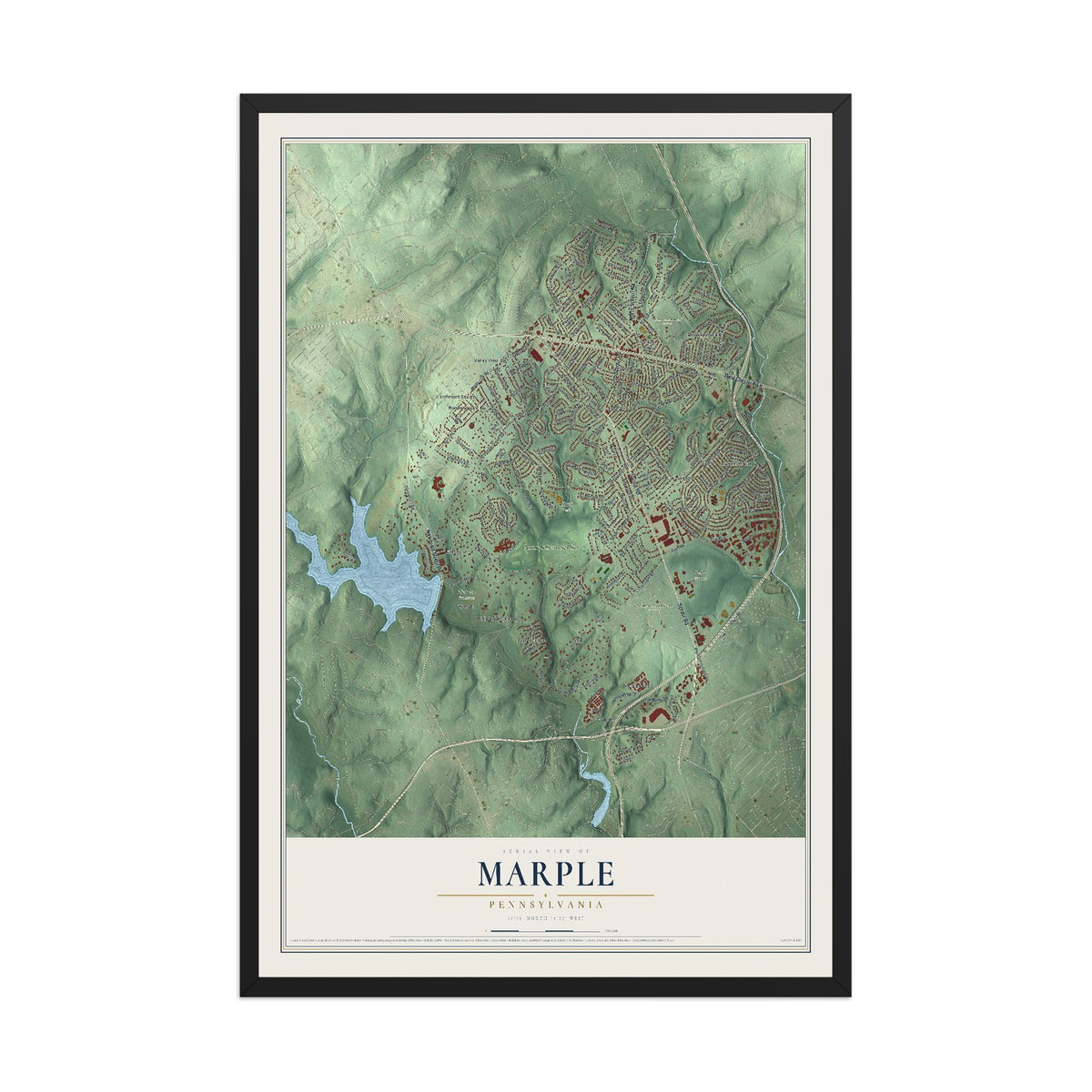 Map of Marple, Pennsylvania, 12 x 18 inch print in a black wood frame