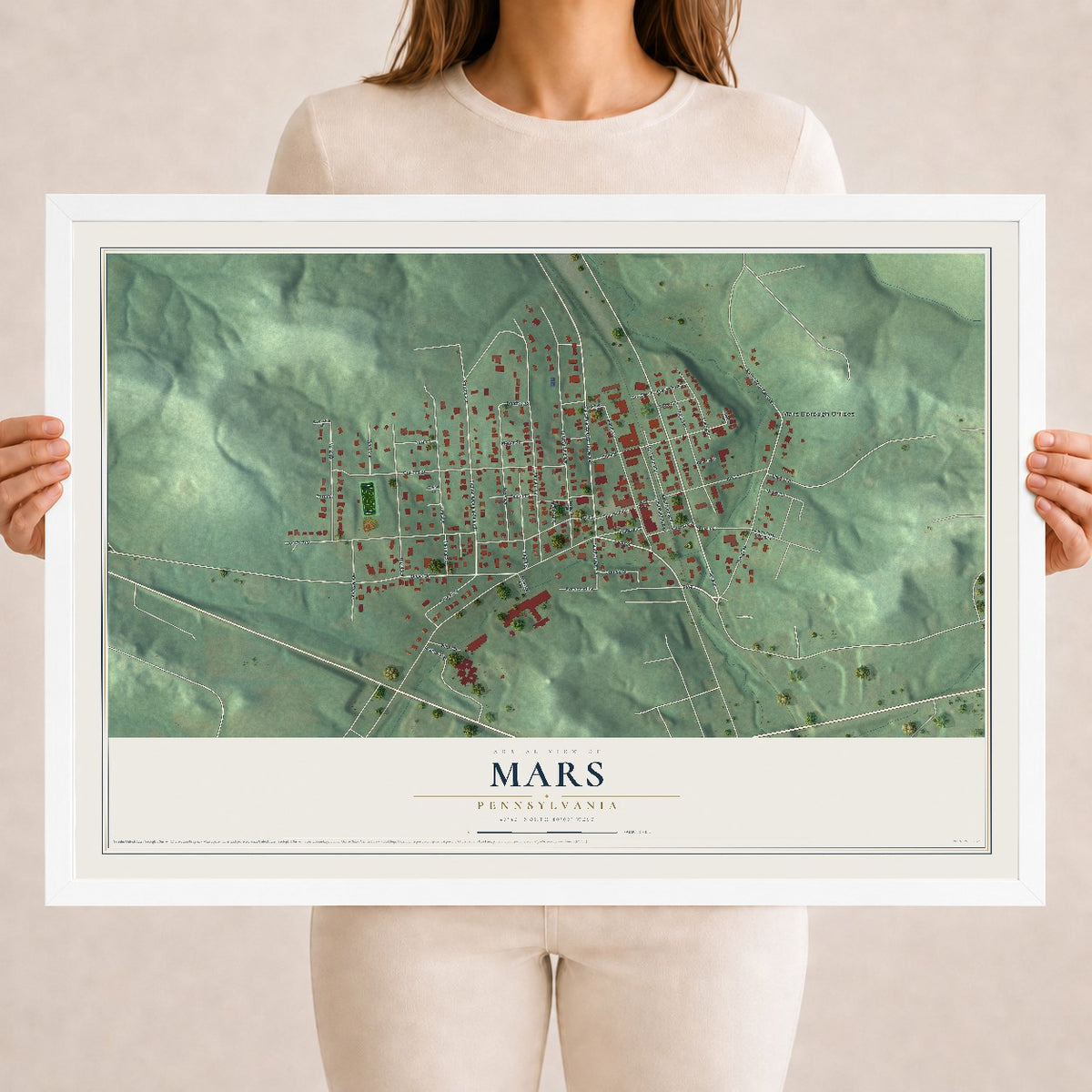 Map of Mars, Pennsylvania, 18 x 24 inch print in a white wood frame