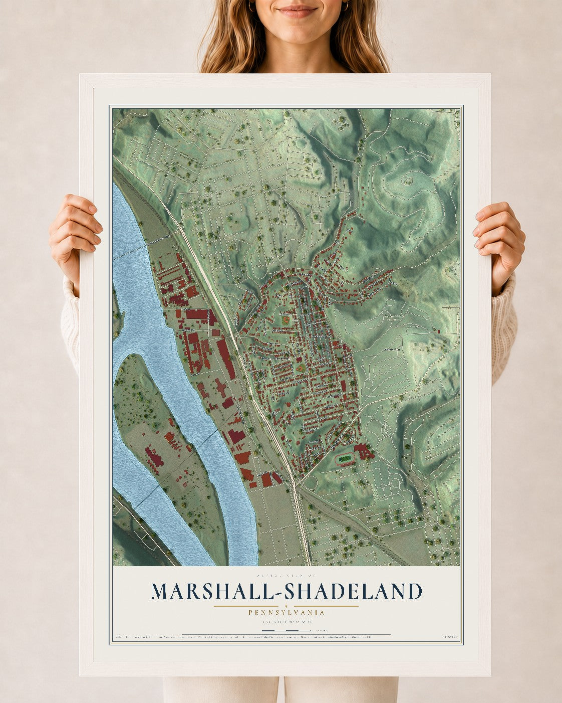 Map of Marshall-Shadeland, Pennsylvania, 24 x 36 inch print in a white wood frame