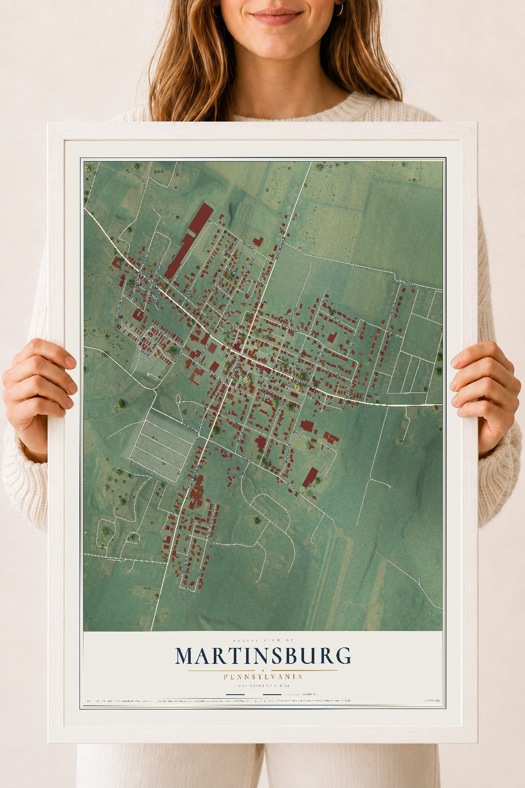Map of Martinsburg, Pennsylvania, 18 x 24 inch print in a white wood frame