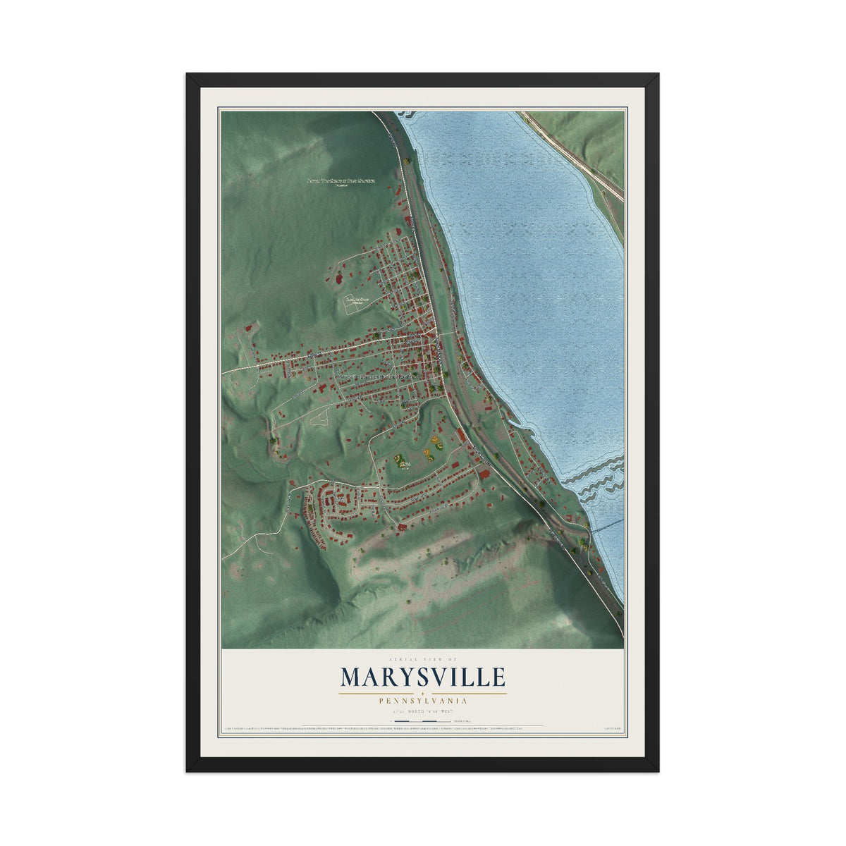 Map of Marysville, Pennsylvania, 12 x 18 inch print in a black wood frame