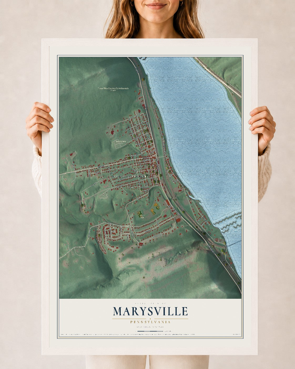 Map of Marysville, Pennsylvania, 24 x 36 inch print in a white wood frame
