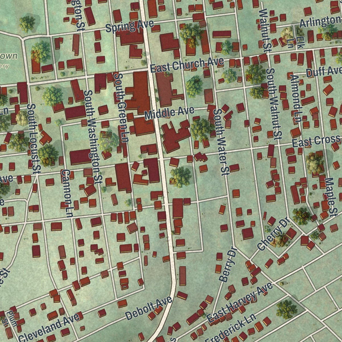 Close-up of the map of Masontown, Pennsylvania print showing street and building detail