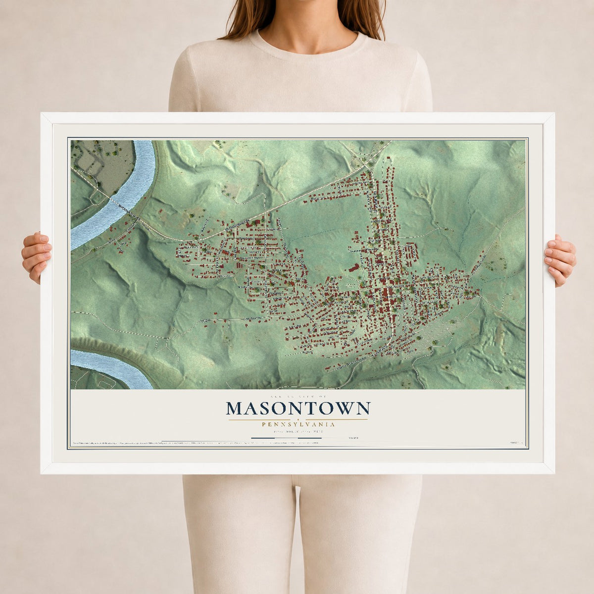 Map of Masontown, Pennsylvania, 24 x 36 inch print in a white wood frame