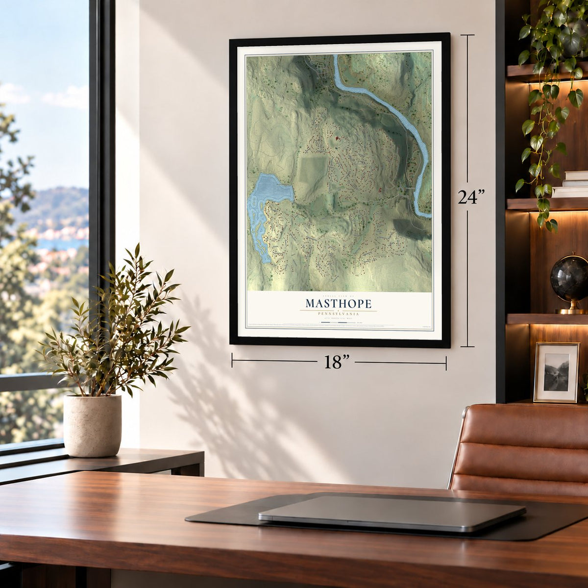 Masthope, Pennsylvania map, 18 x 24 inch print in a black frame in a home office