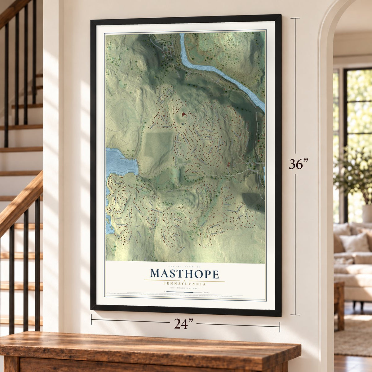 Masthope, Pennsylvania map, 24 x 36 inch print in a black frame by a staircase
