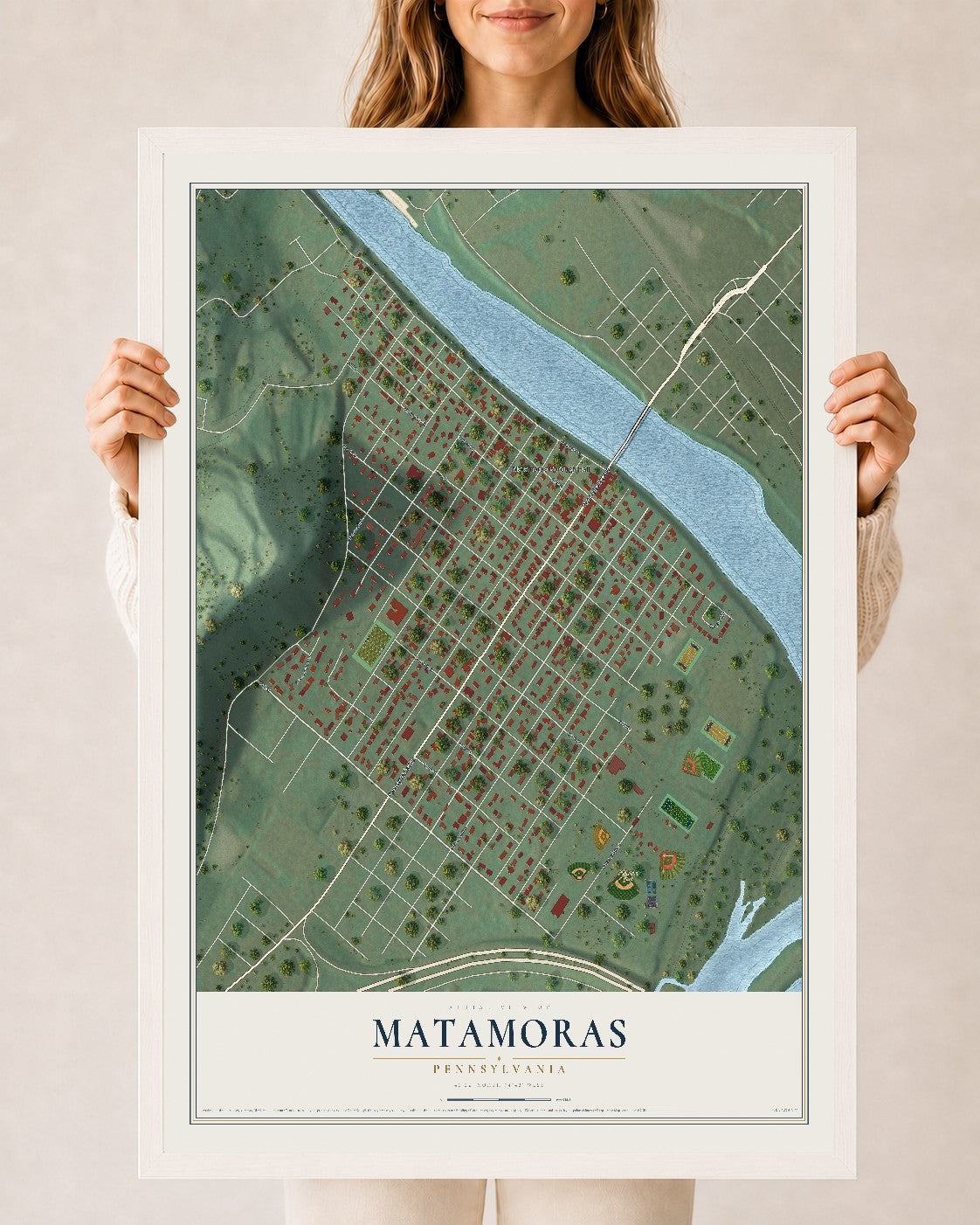 Map of Matamoras, Pennsylvania, 24 x 36 inch print in a white wood frame
